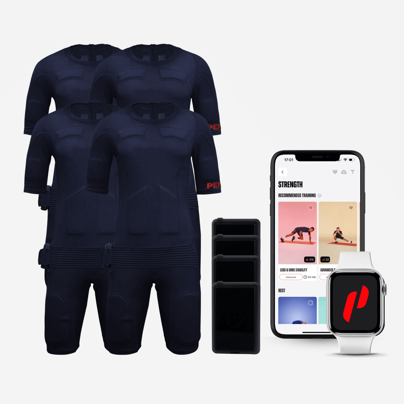 Pacchetto gruppo di allenamento:<br>4 x tuta PEPPER EMS + 4 x batteria + 4 x app